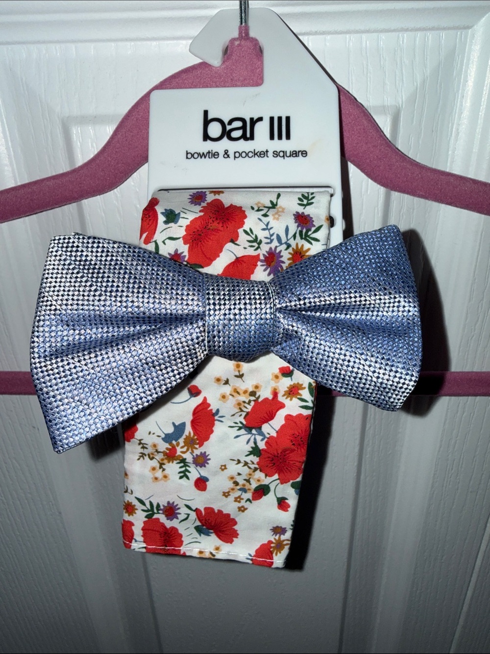 Bar III Blue-Silver Boys Bow Tie with Red Floral Pocket Square
